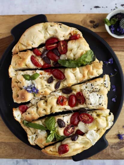 Sliced no knead focaccia bread art on a plate