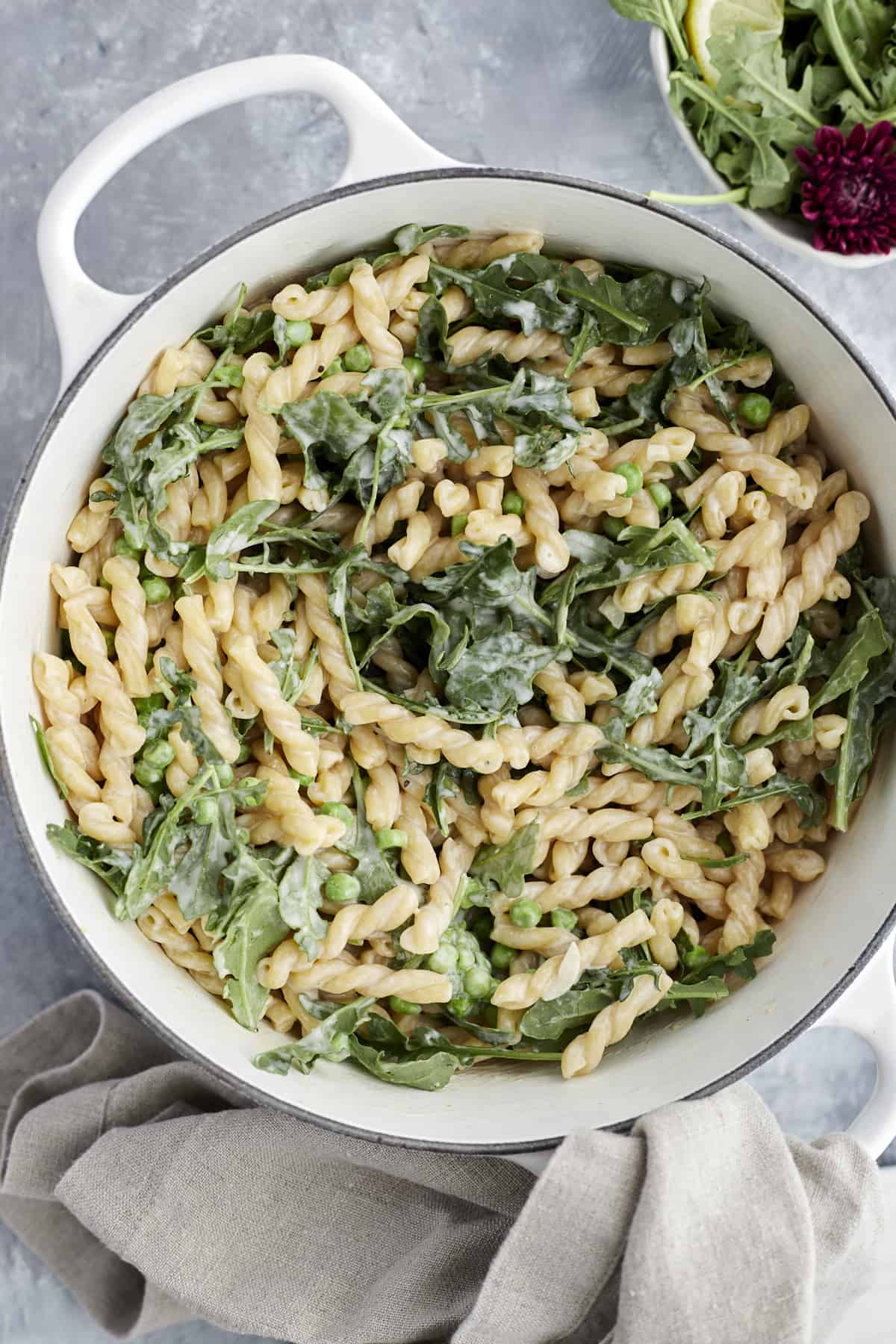 overhead image of One Pot Lemon Ricotta Pasta in a white pot