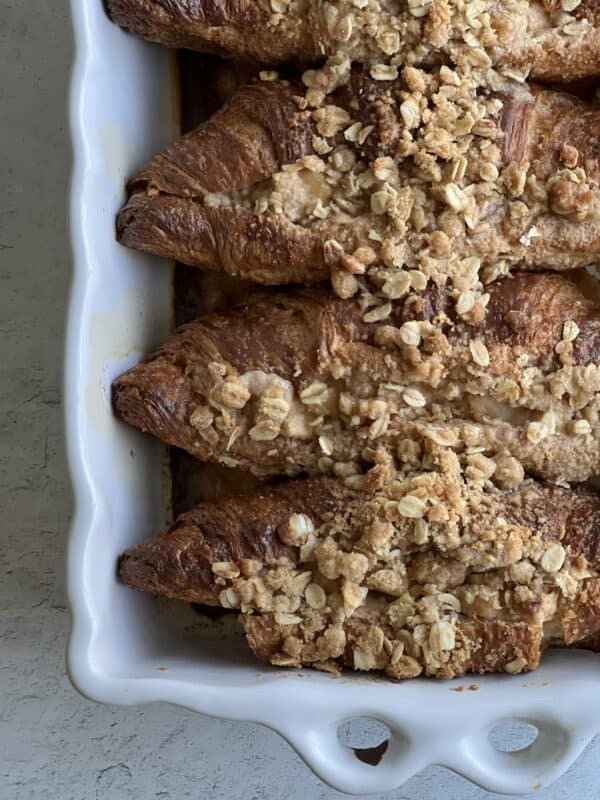 Apple Crisp and Croissant French Toast topped with an oat crisp