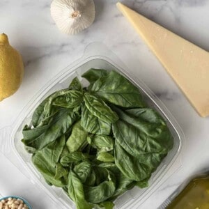 basil leaves, a block of Parmesan, a head of garlic, a whole lemon, and pine nuts
