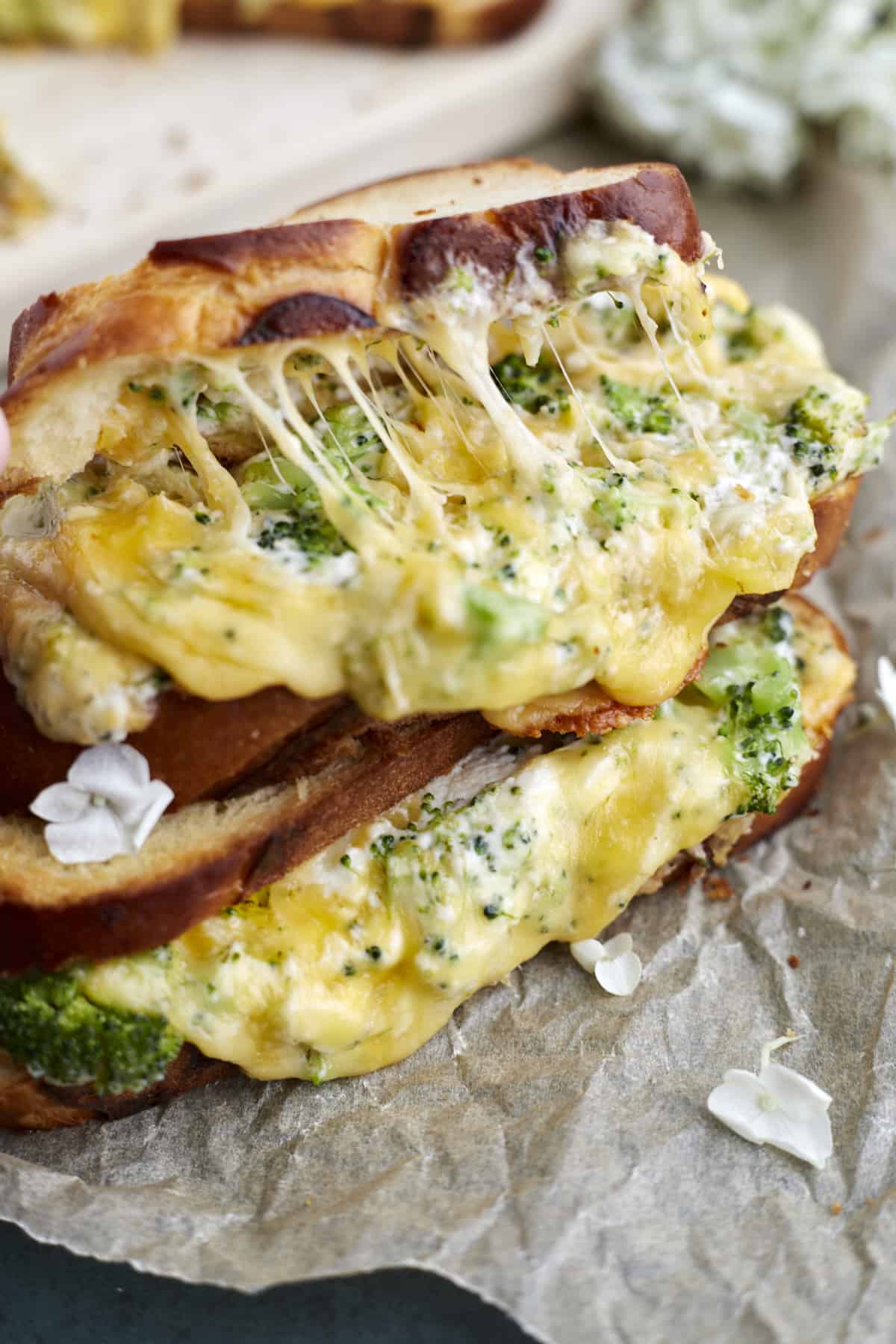 two roasted garlic and broccoli oven grilled cheese sandwiches with the cheese filling oozing out