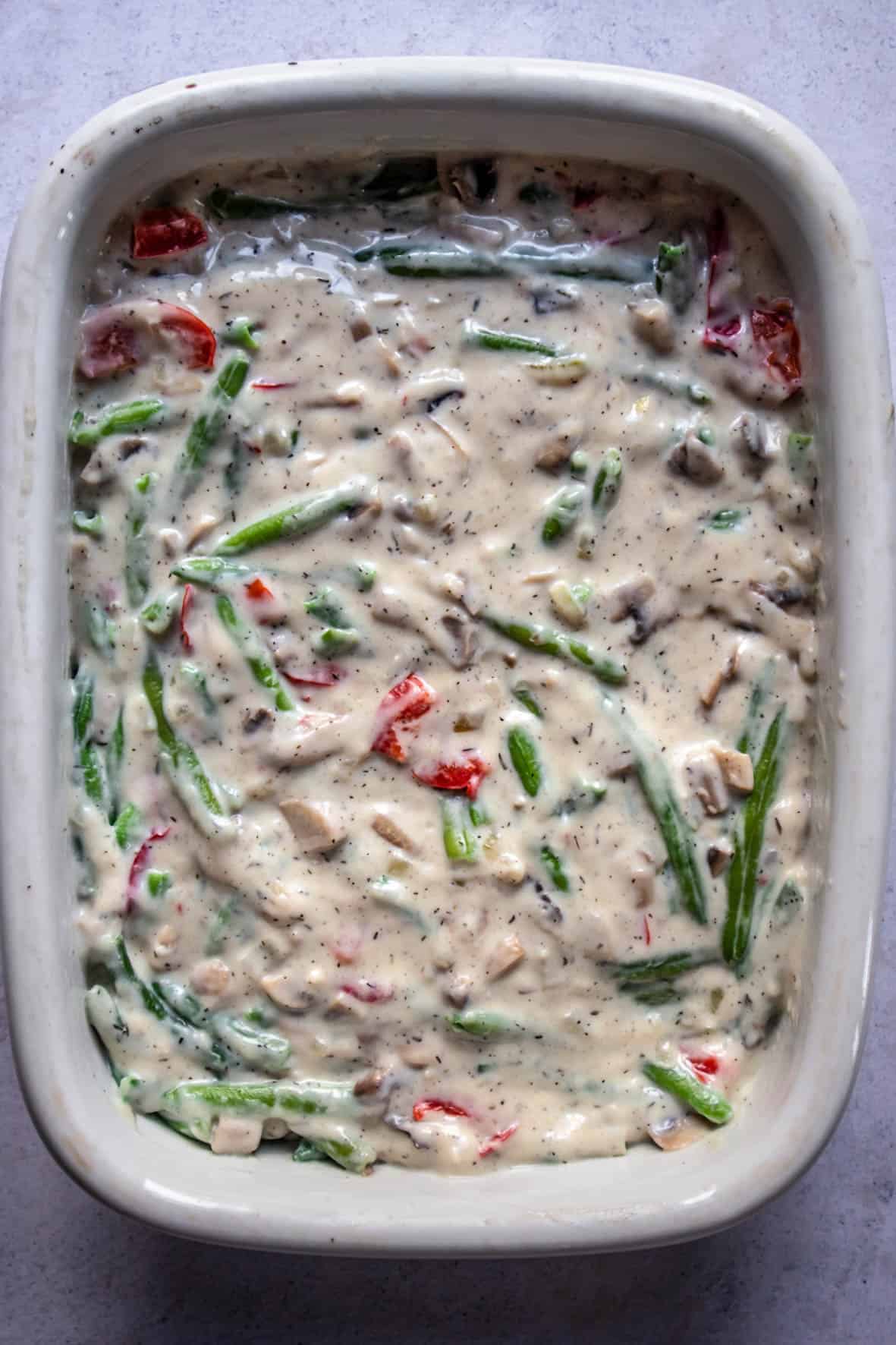 green bean casserole in a baking dish