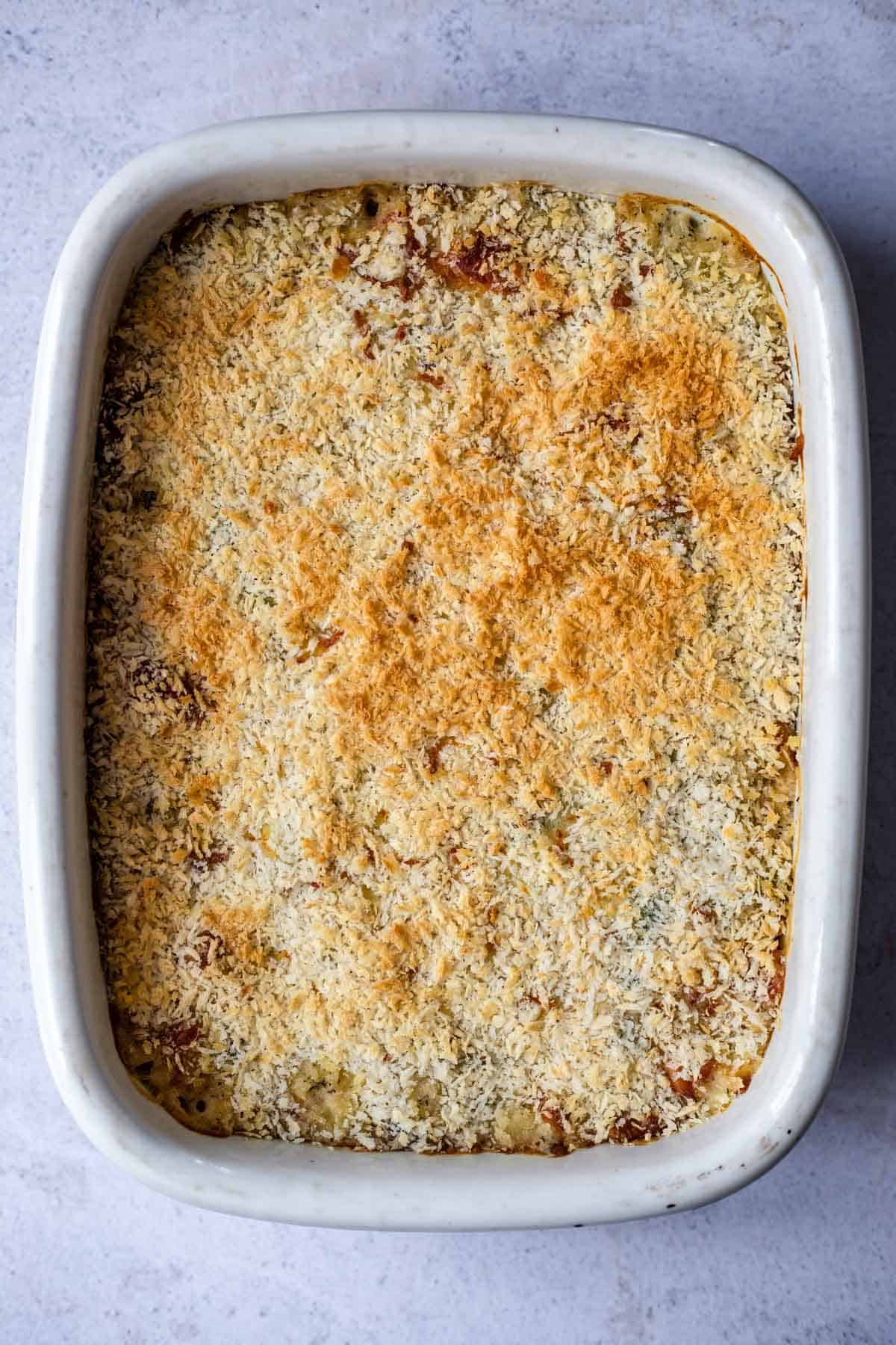 baked cheesy green bean casserole with Panko breadcrumbs