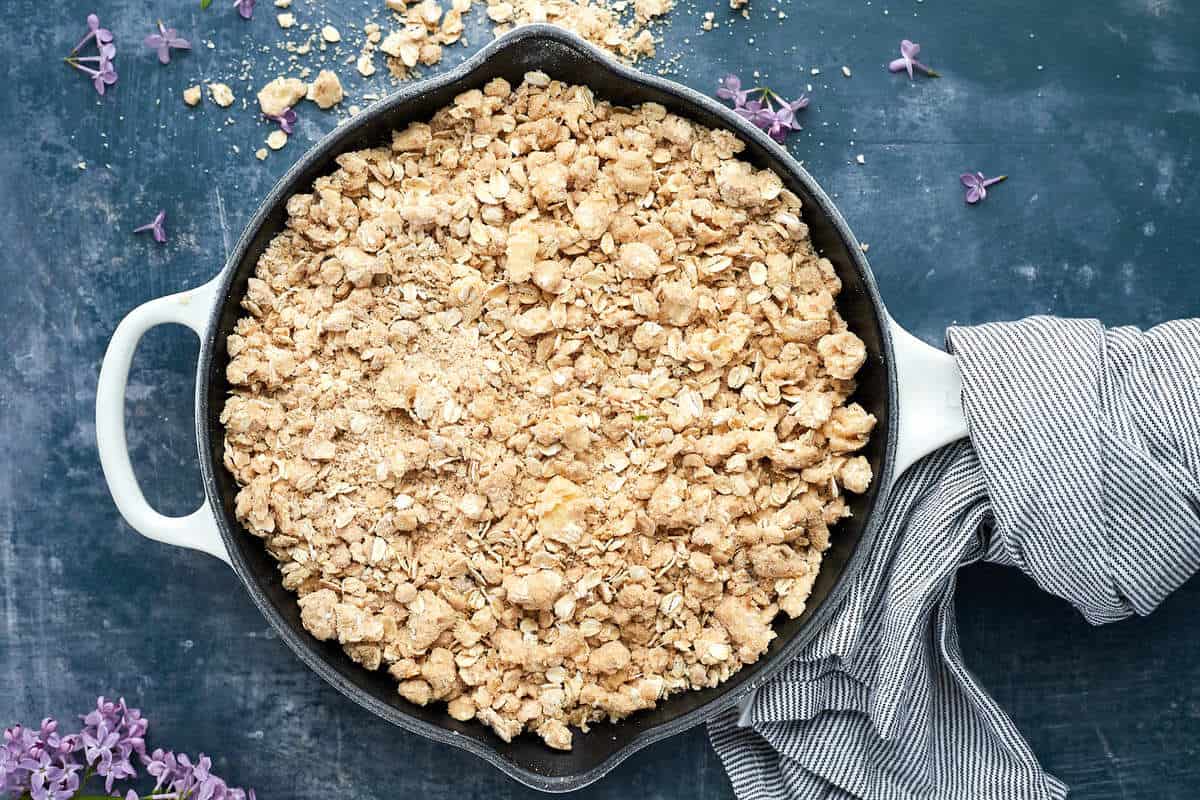 overhead of oat crumble in a skillet