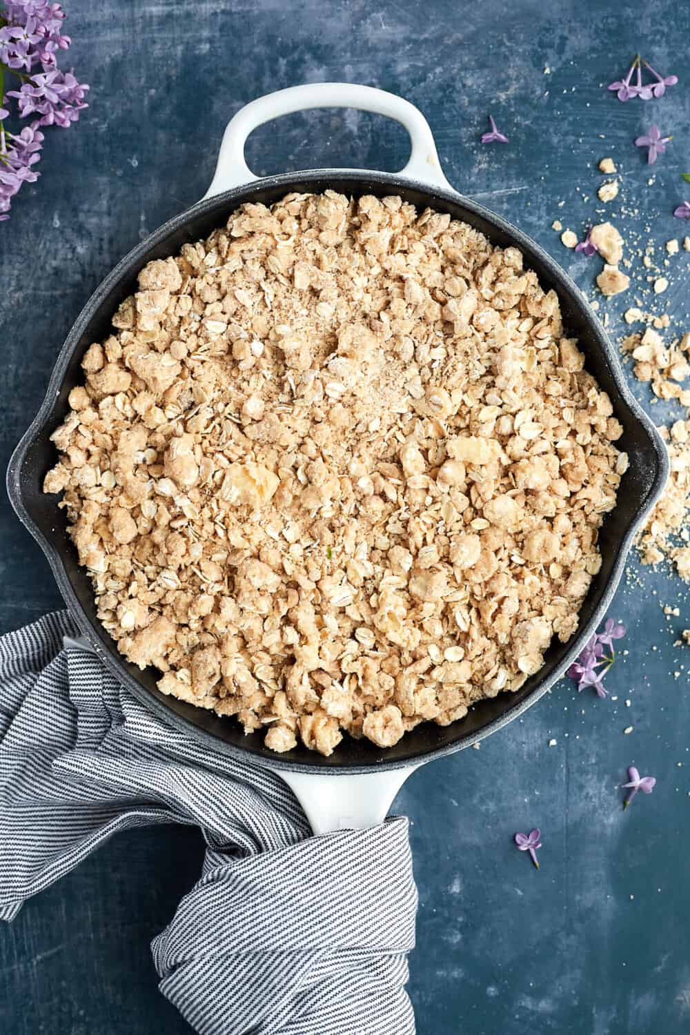 overhead of oat crumble skillet before baking