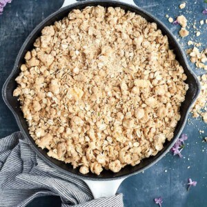 overhead of oat crumble skillet before baking
