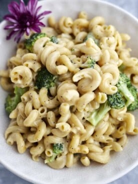 a bowl of one pot broccoli mac and cheese