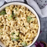 overhead image of one pot broccoli mac and cheese