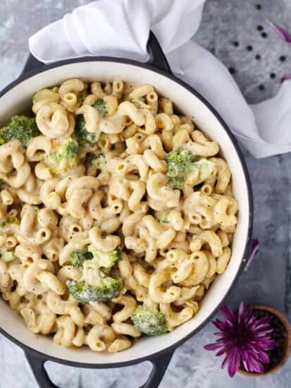 overhead image of one pot broccoli mac and cheese