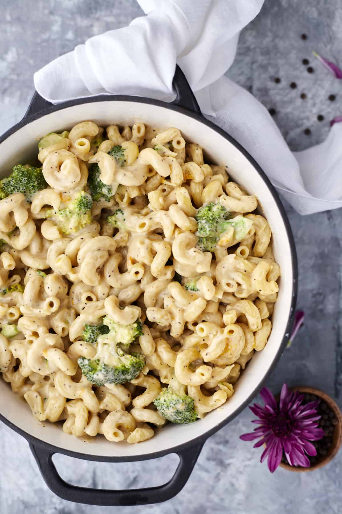 overhead image of a pot of broccoli mac and cheese