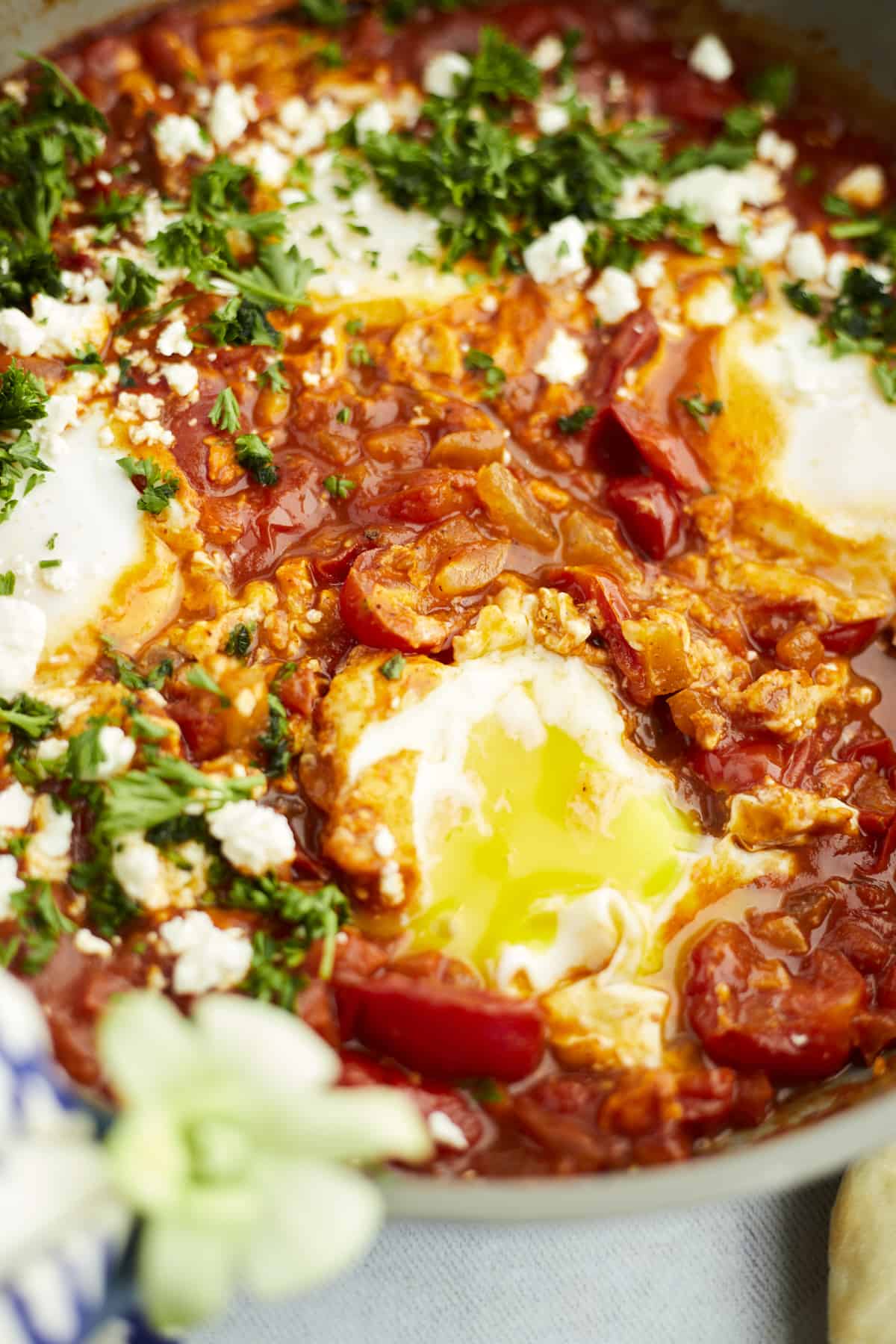 close up image of easy shakshuka with feta