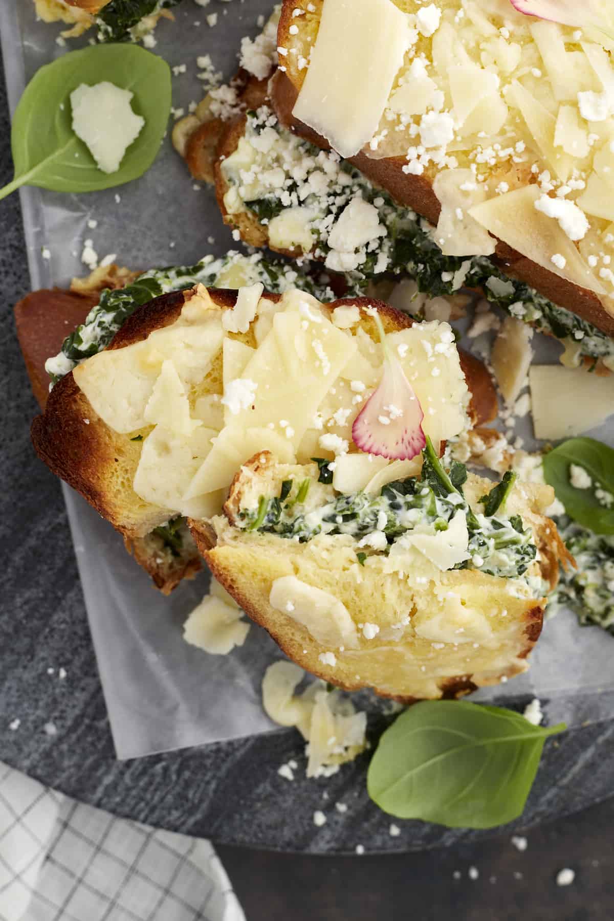 Spanakopita-Inspired Spinach Grilled Cheese topped with extra mozzarella