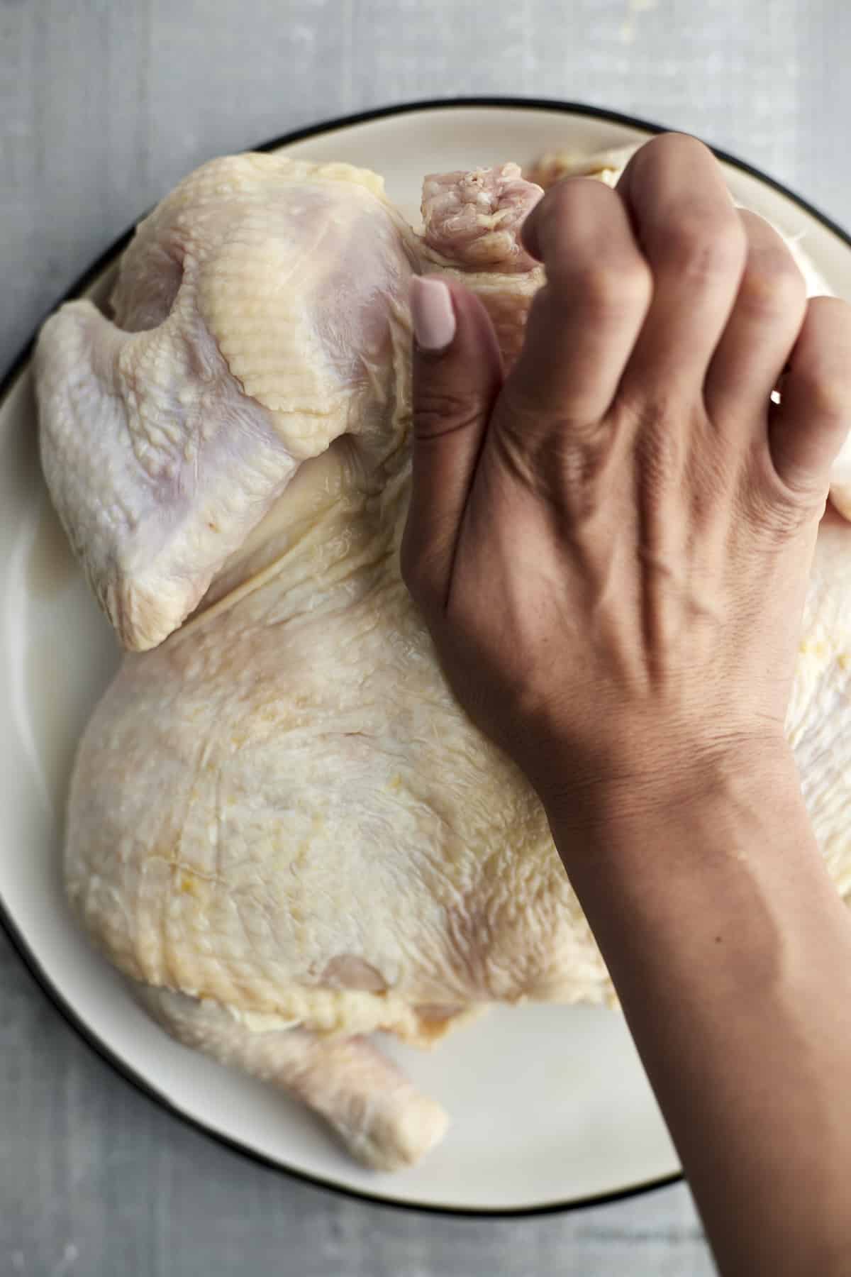 a hand butterflying a raw whole chicken