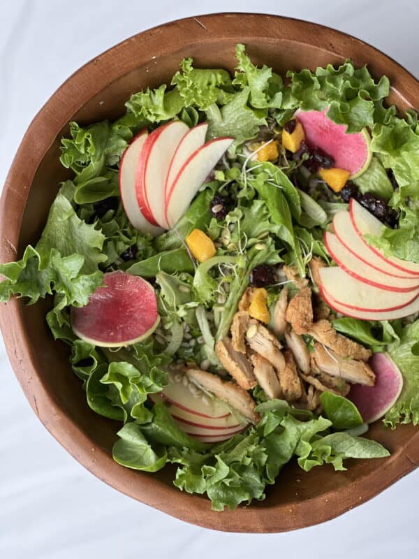 overhead image of a fall harvest salad with honey balsamic vinaigrette