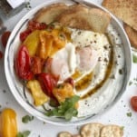 a bowl of turkish eggs with yogurt, toast, and roasted tomatoes and peppers