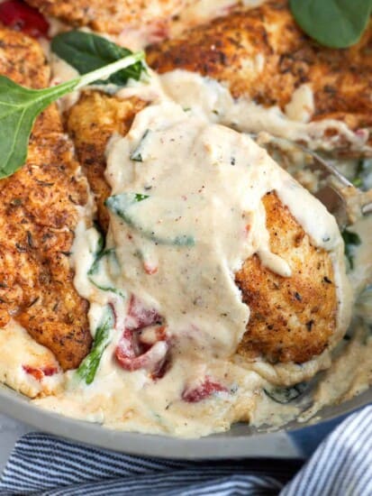 Close up image of a cream chicken recipe in a skillet.