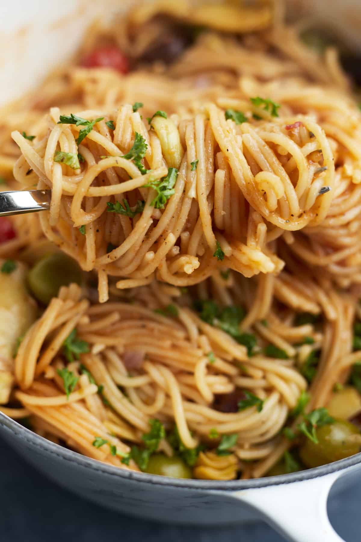 One pot greek spaghetti closeup 