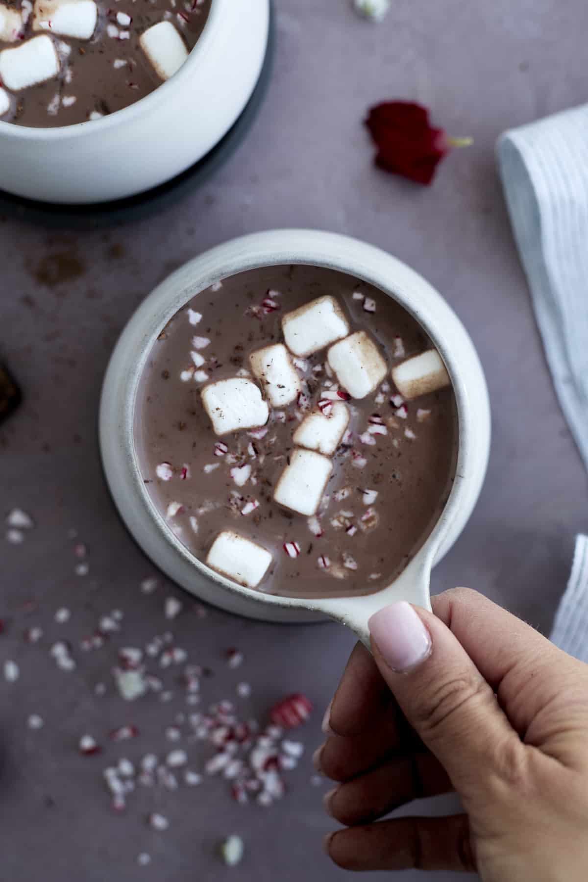 a hand holding a mug of peppermint hot chocolate topped with marshmallows and crushed candy canes