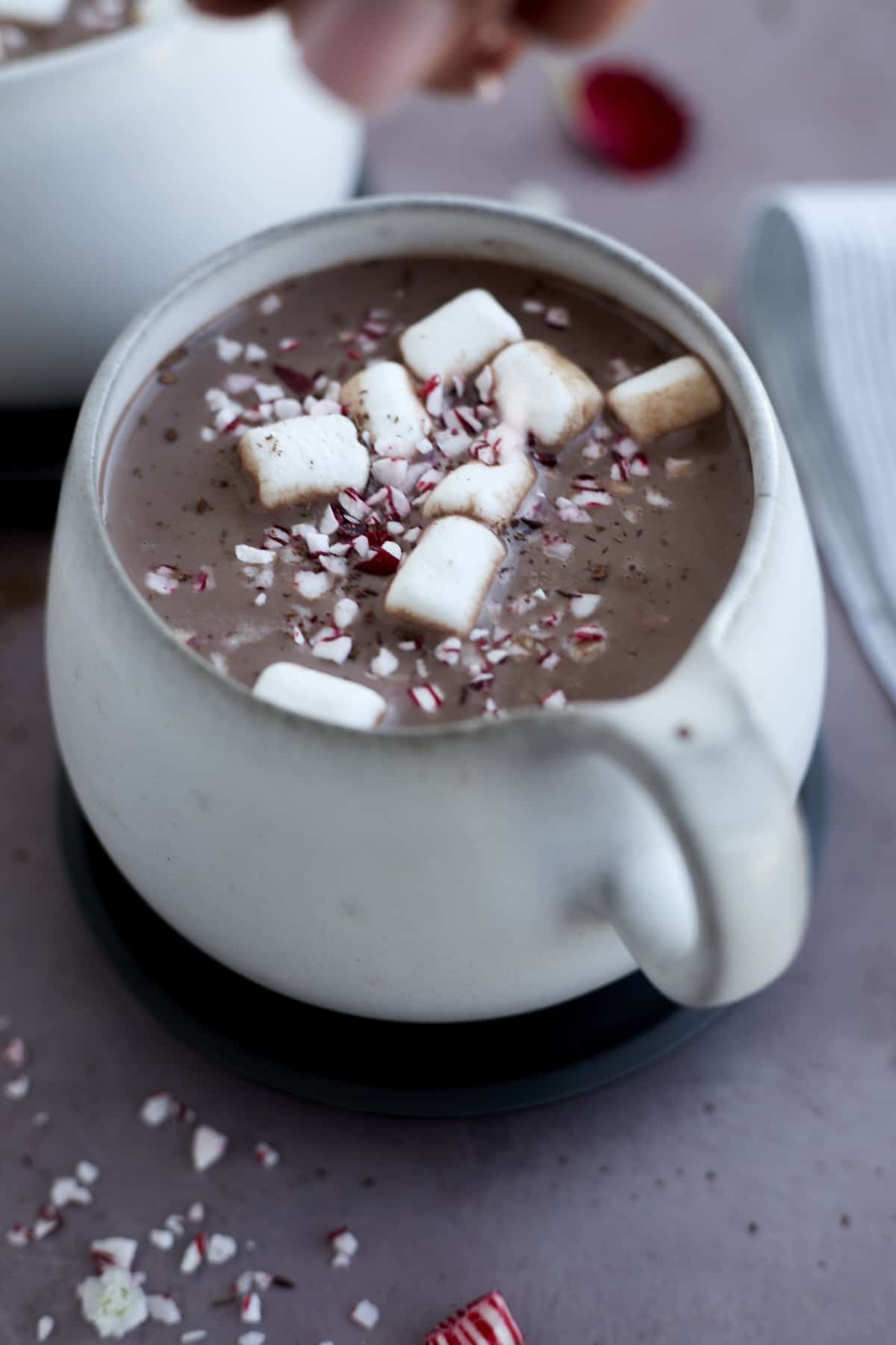 a white mug full of hot chocolate topped with marshmallows and candy cane pieces