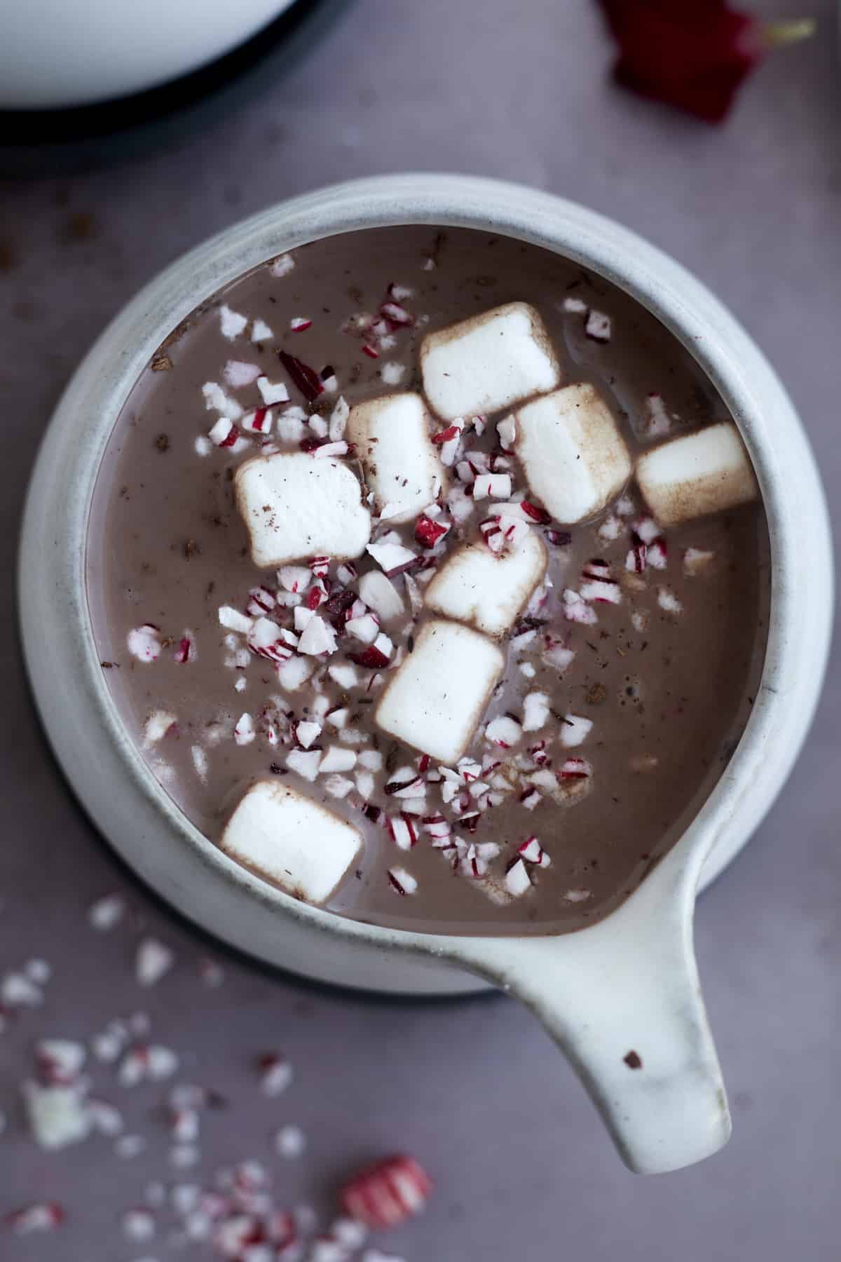 a mug of hot chocolate topped with marshmallows and crushed candy canes
