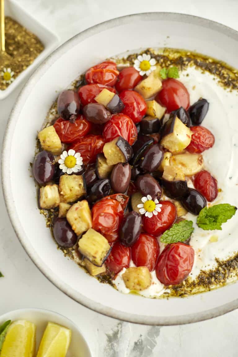 Roasted Eggplant and Tomatoes with Yogurt Dip Food Dolls