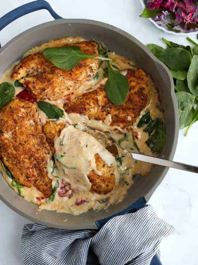 A skillet full or a cream chicken recipe.