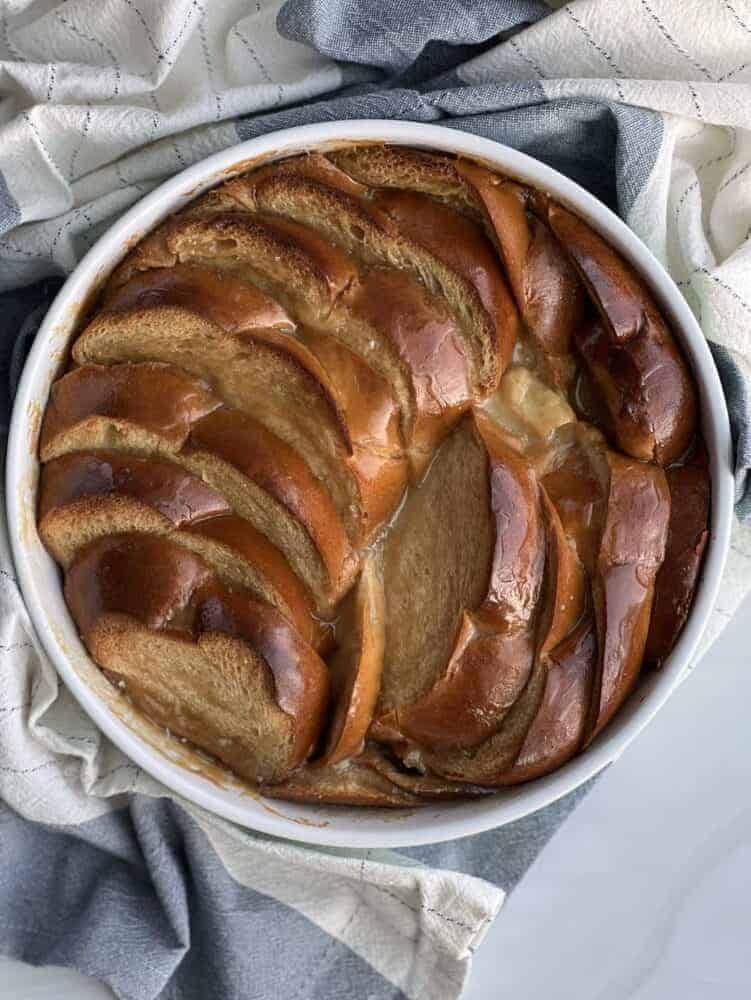 overhead image of salted caramel bread pudding