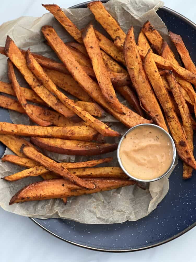 baked sweet potato fries with sauce on the side 
