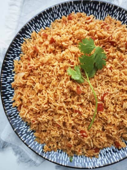 overhead of large plate with spanish rice and fresh cilantro