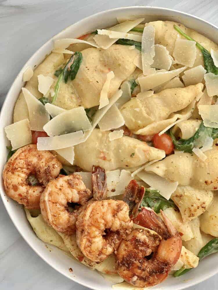 One Pot Pesto Pasta (with oven baked shrimp)