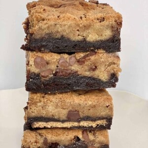 four brookie bars stacked on top of each other