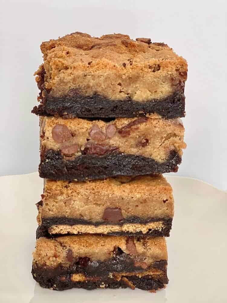 four brookie bars stacked on top of each other