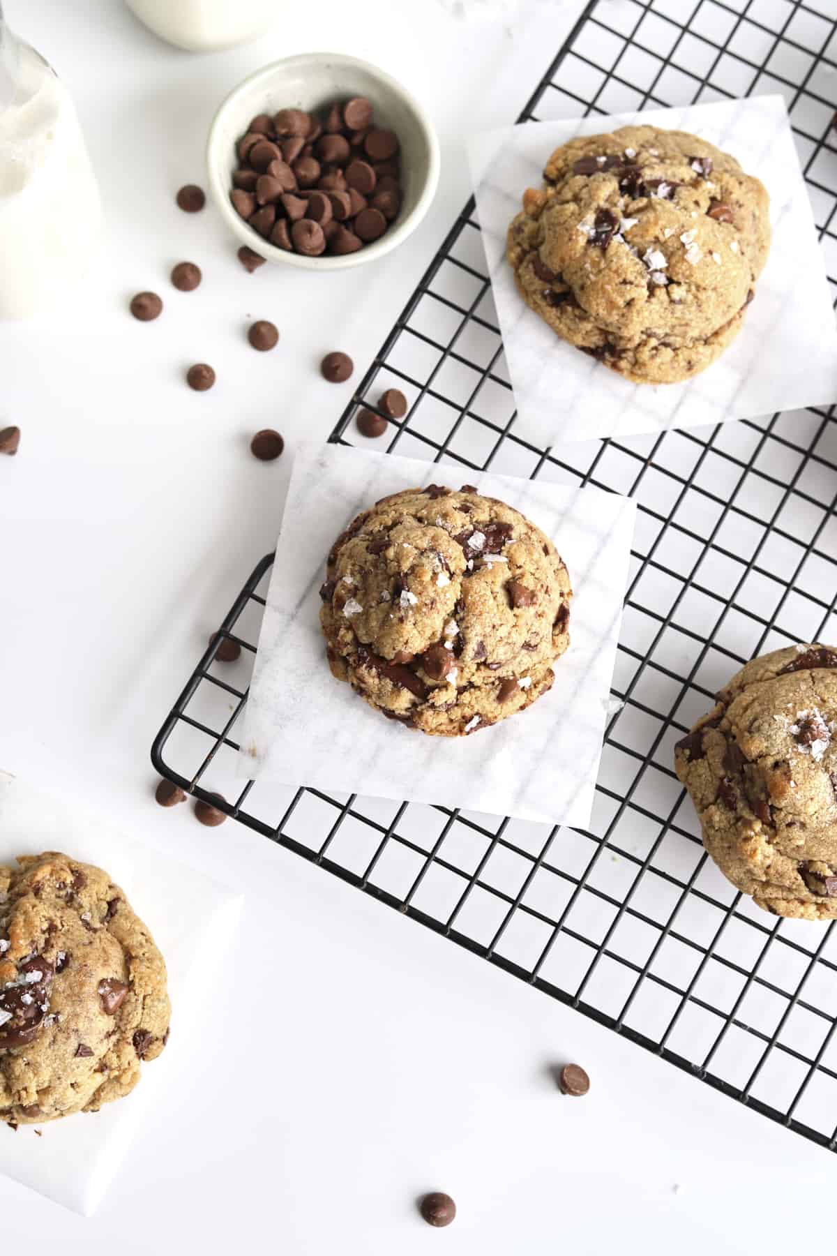 overhead of browned butter chocolate chip cookies on a wire rack