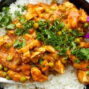 overhead madras curry chicken in a pan
