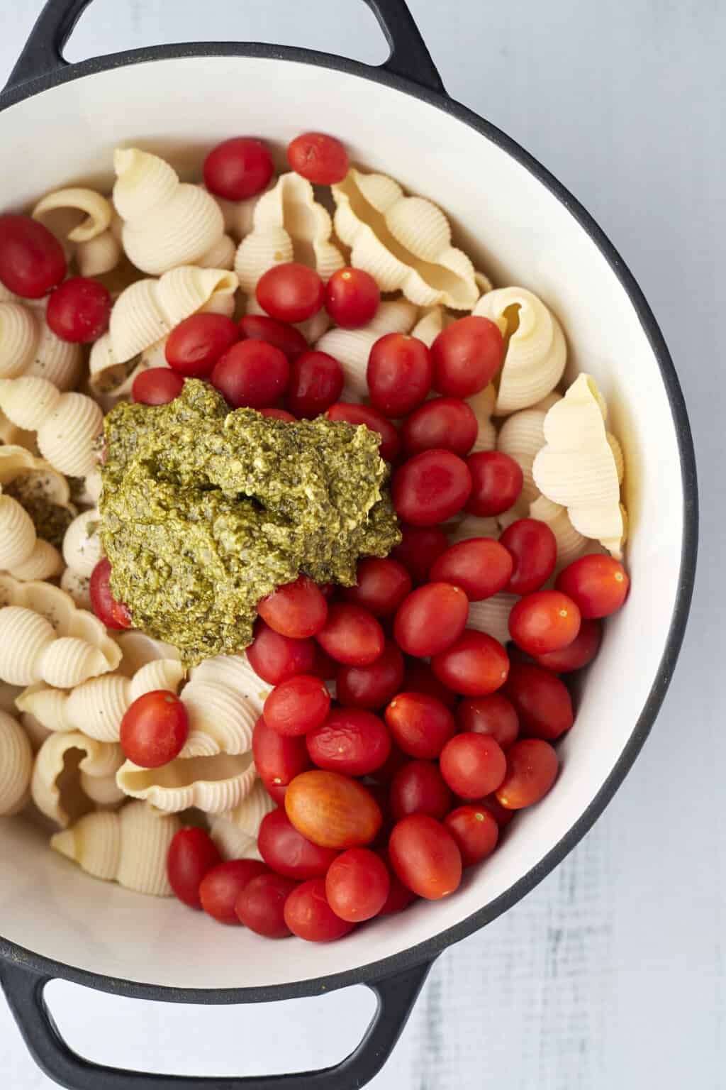 One Pot Pesto Pasta (with oven baked shrimp) Food Dolls