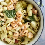 one pot pesto pasta with oven baked shrimp.