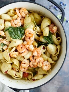 one pot pesto pasta with oven baked shrimp.