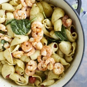 one pot pesto pasta with oven baked shrimp