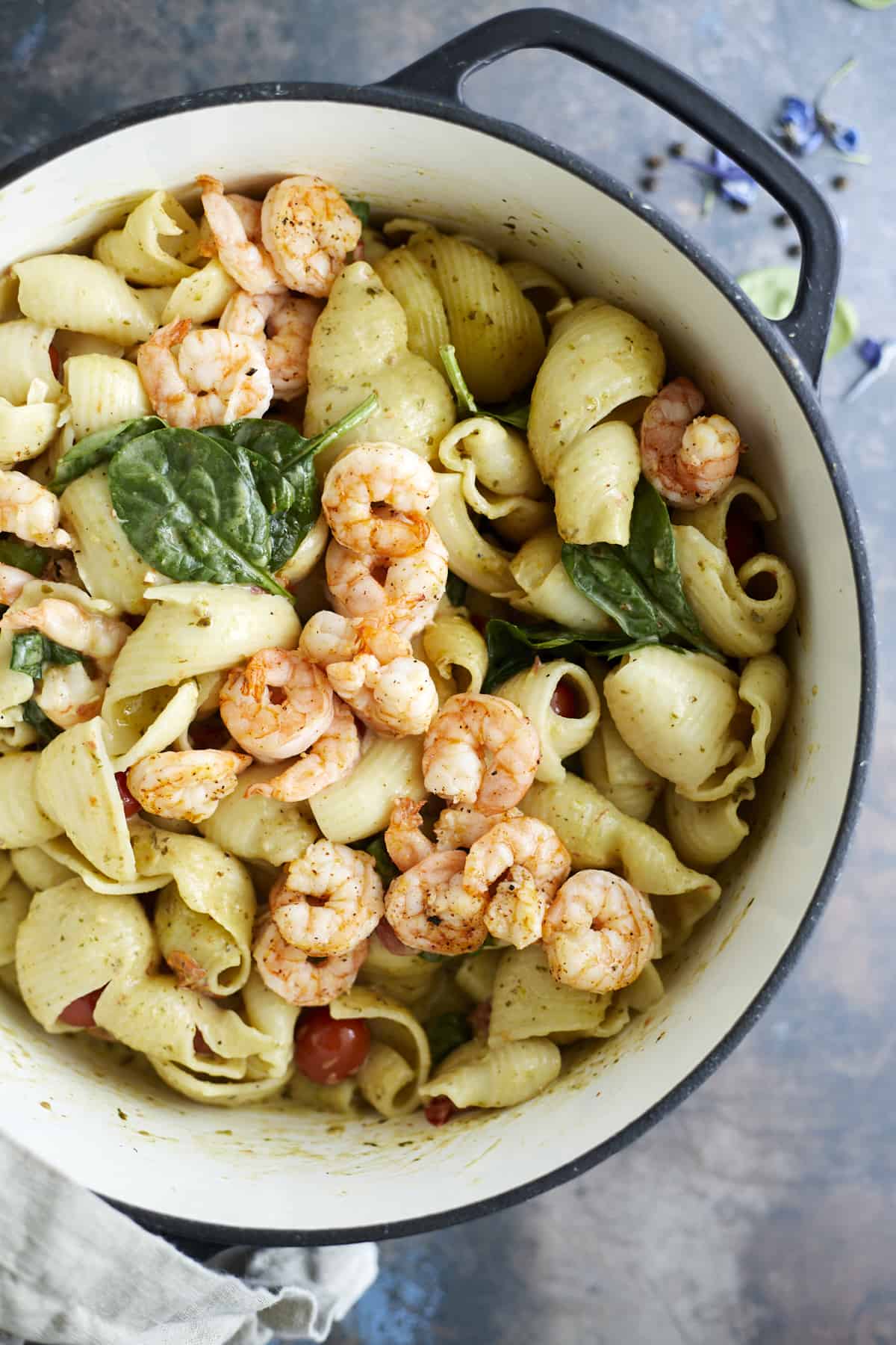 one pot pesto pasta with oven baked shrimp