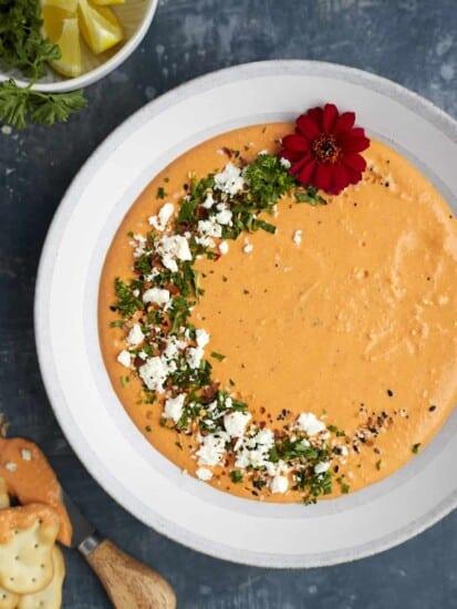 overhead image of a bowl of roasted red pepper whipped feta dip.