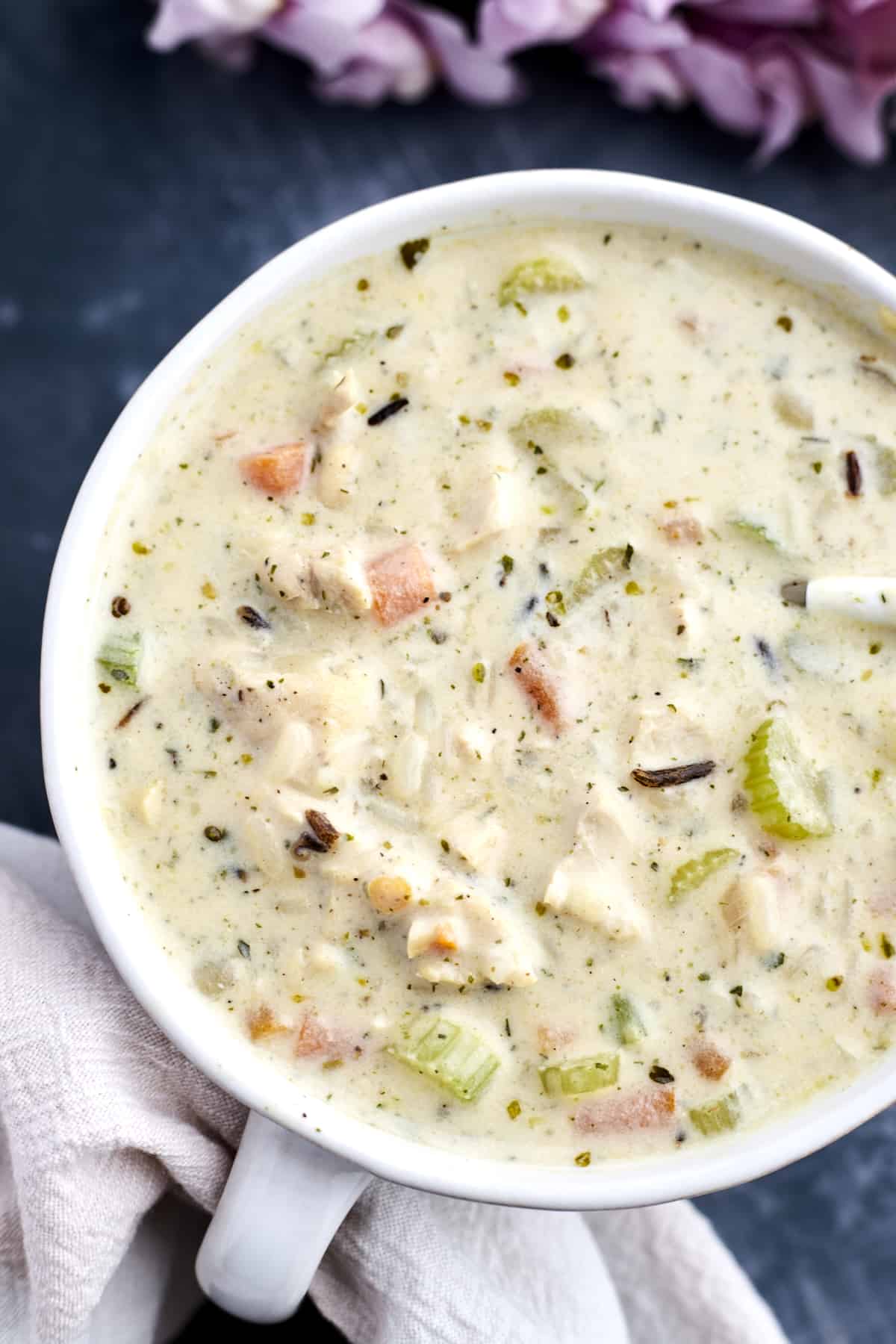 overhead wild rice soup in a large mug