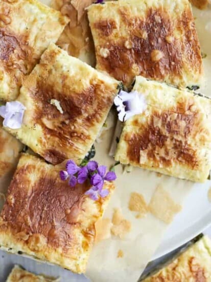 Pieces of phyllo spinach pie.