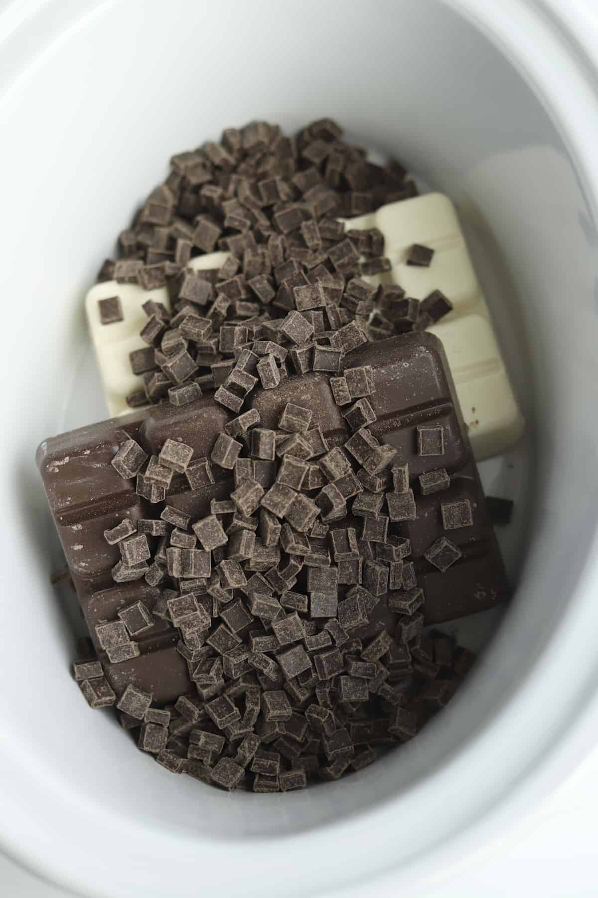 overhead of slow cooker with chocolates 
