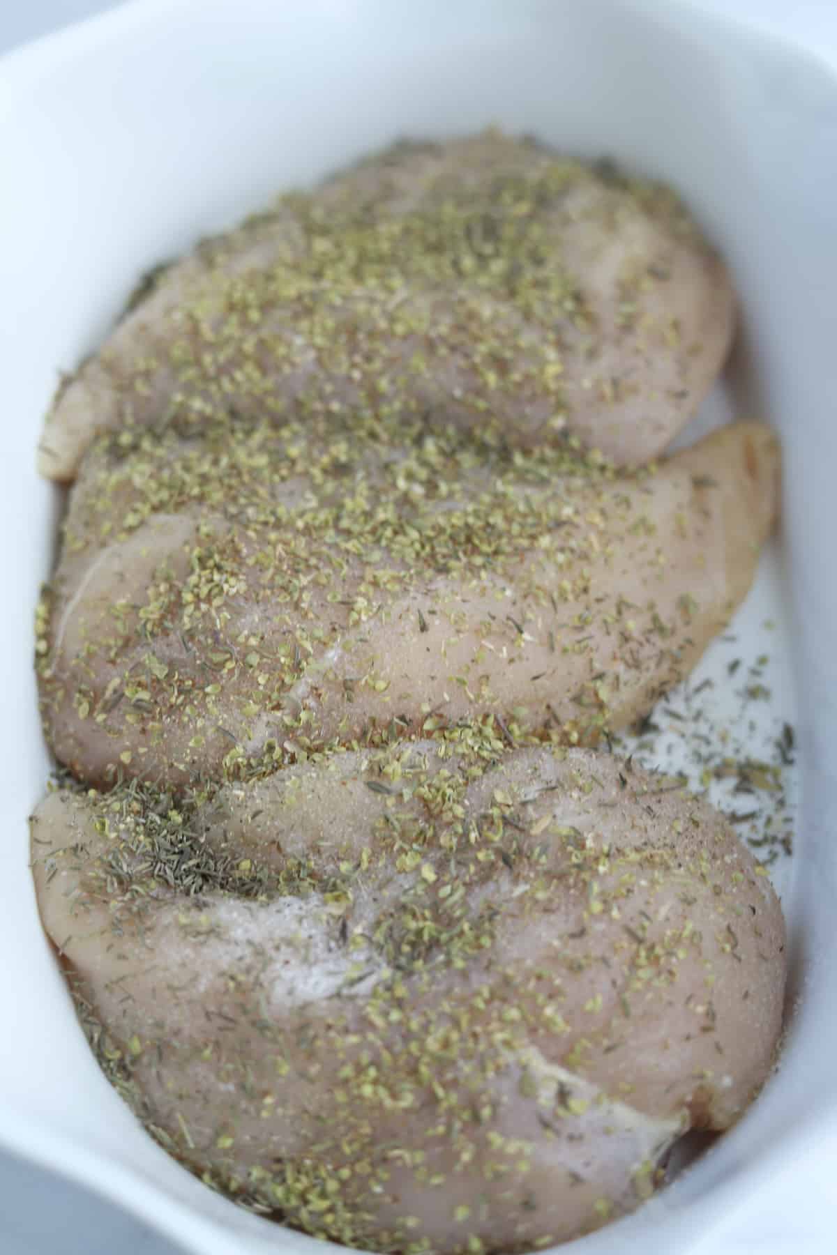 closeup of seasoned chicken breast.