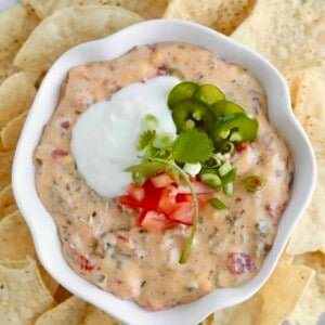 overhead image of homemade queso fundido dip in a white bowl surrounded by tortilla chips