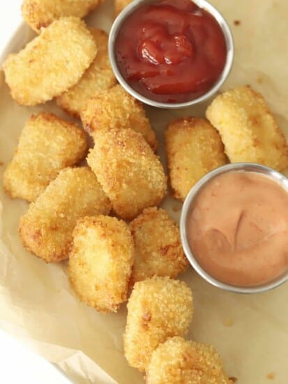 overhead of crispy air fryer nuggets with ketchup