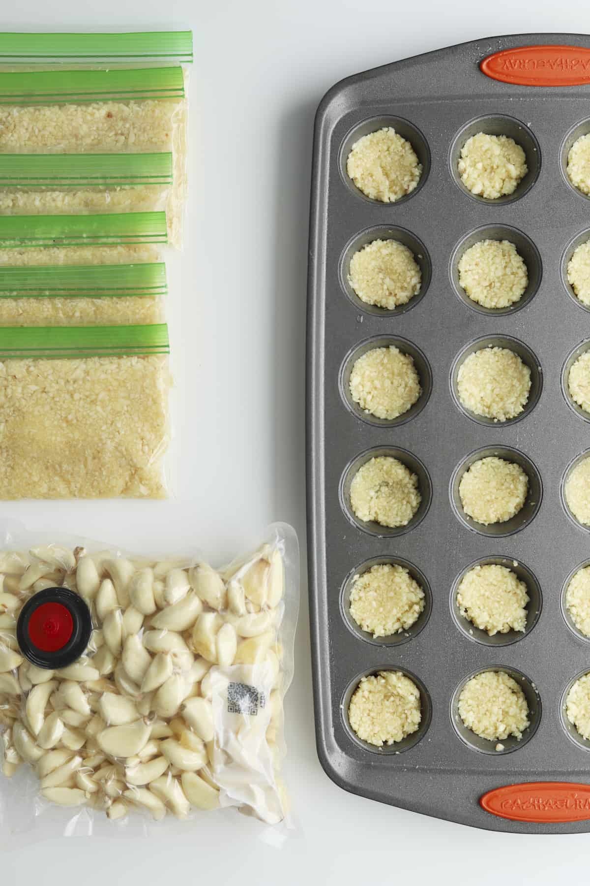 garlic in a muffin tin, small bags, and air tight bag.