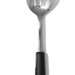 Stainless steel slotted spoon.