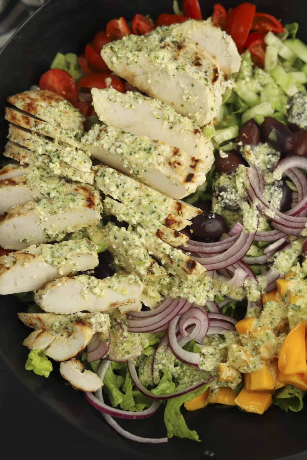 closeup image of whipped feta chicken salad