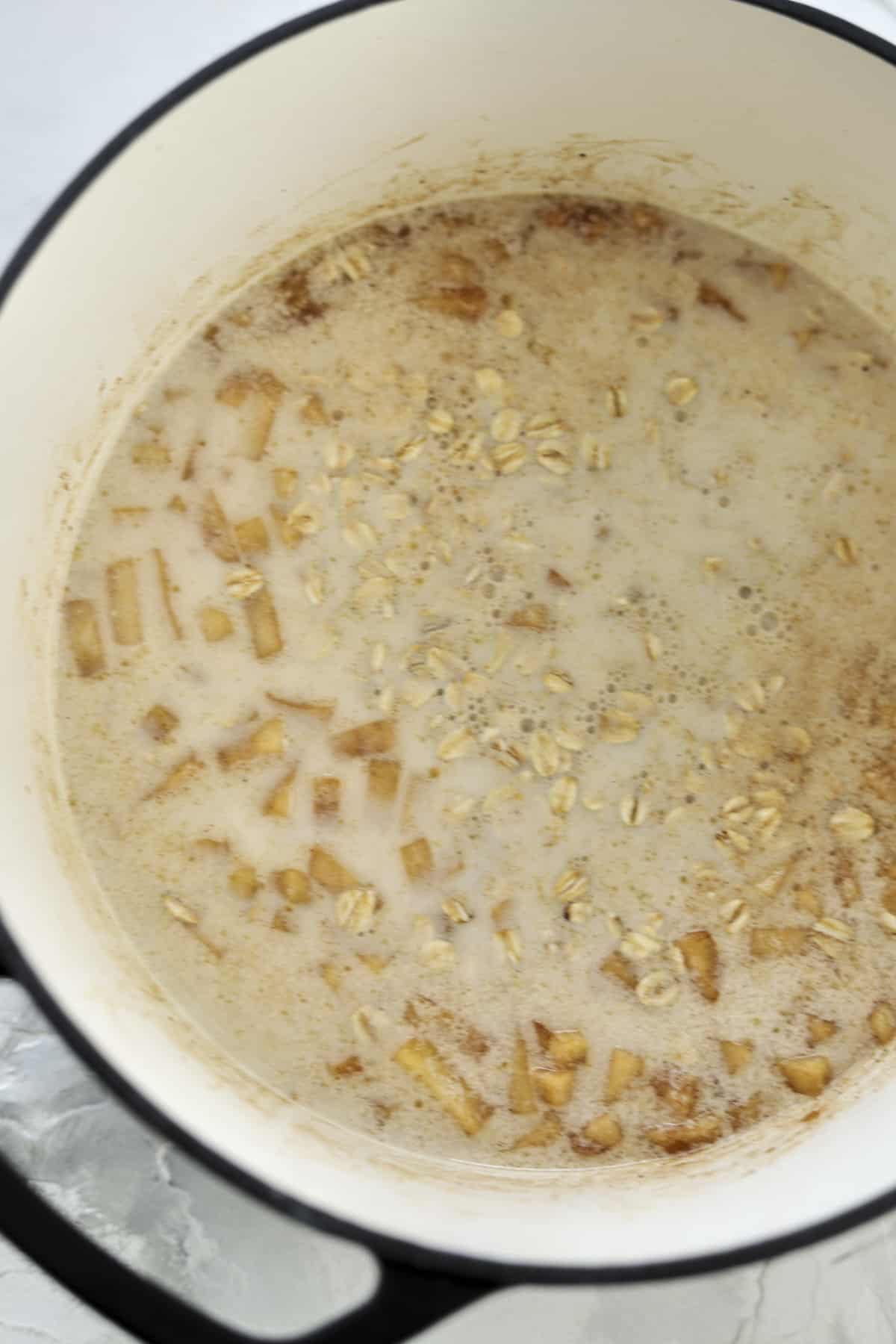 cinnamon sugar apples topped with oats and milk in a large pot 